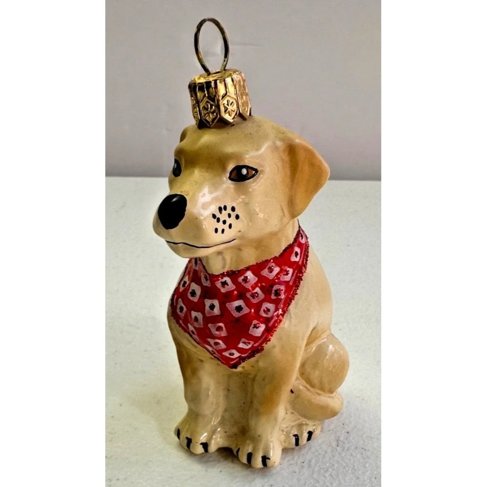 Golden Lab Labrador‎ Dog European Blown Glass Christmas Ornament Bandana Yellow